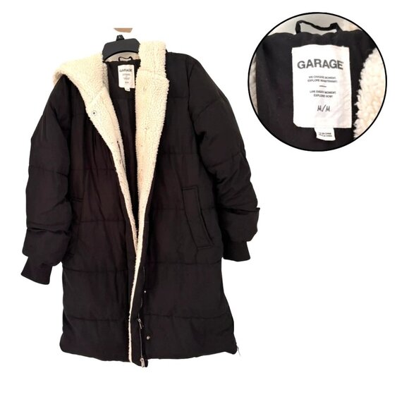 Garage Women’s M Black Sherpa Lined Hooded Puffer Coat Long Winter Jacket Warm - Picture 1 of 5